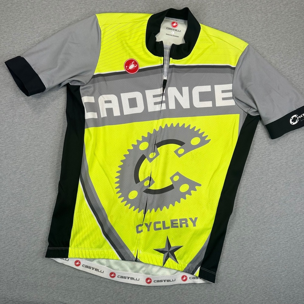 Castelli Cadence Cyclery Cycling Jersey Mens Large Neon Yellow Grey Full Zip